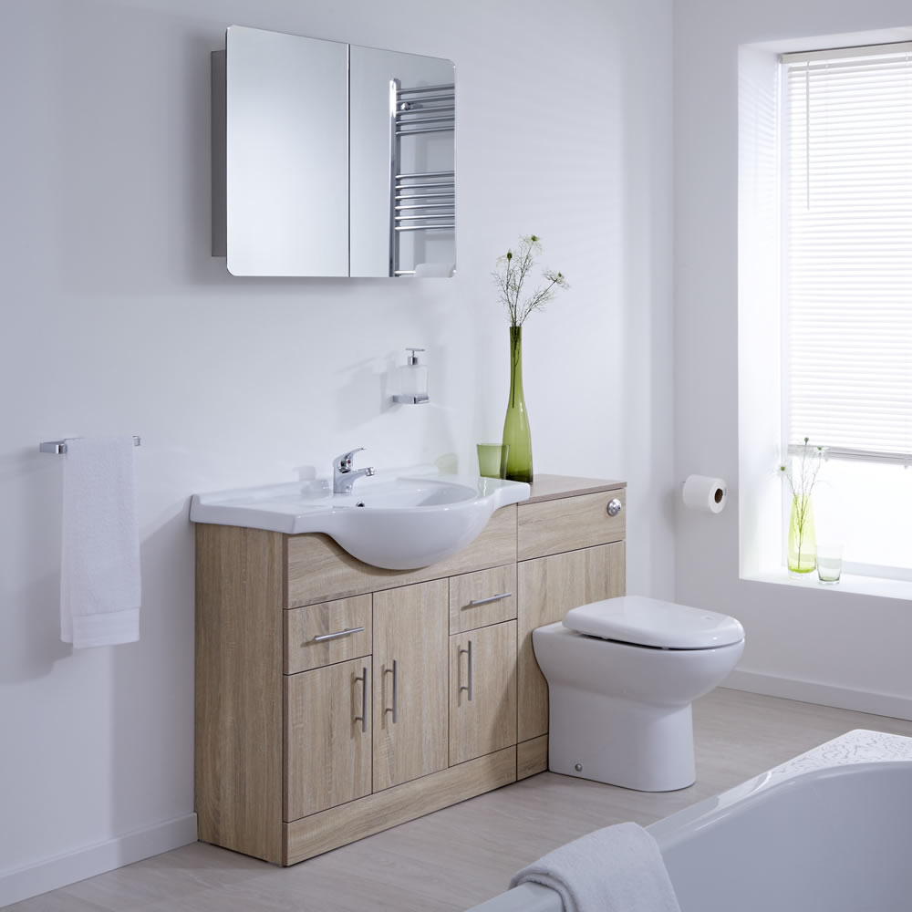 Mueble de Baño con Mueble de MDF Efecto Roble de 3 Puertas y 2 Cajones con Lavabo Integrado e Inodoro Integrado 85x78x48cm