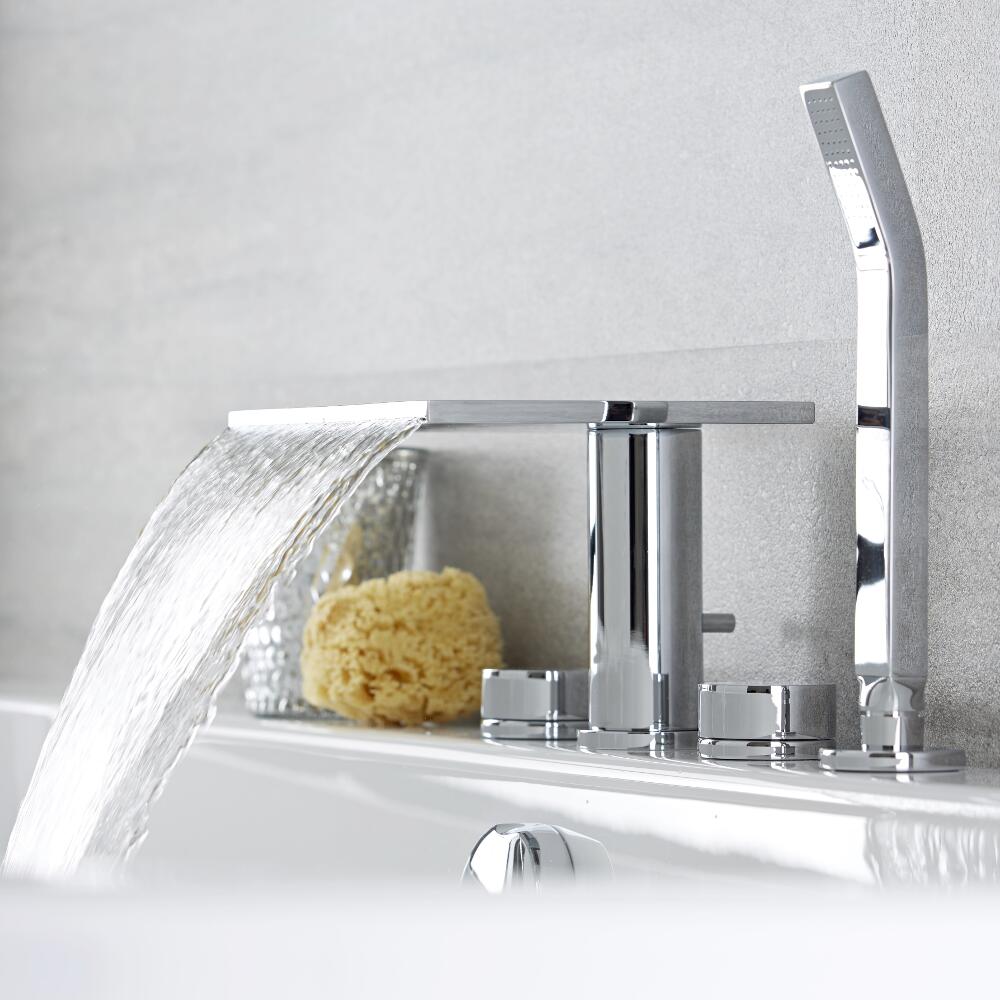 Batería de Bañera de 4 Agujeros con Grifo a Cascada - Blade