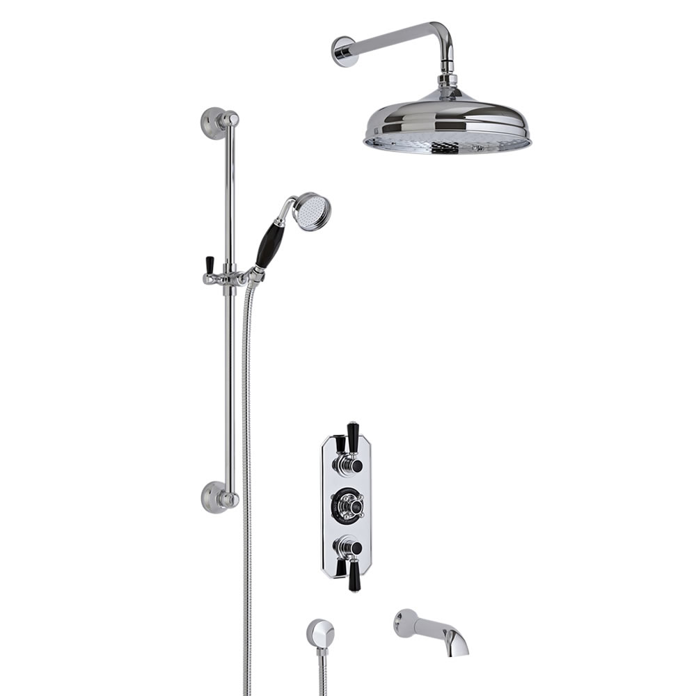 Conjunto de Ducha con Llave Mezcladora Termostática Tradicional de 3 Funciones con Alcachofa y Ducha de Mano y Llenador de Bañera