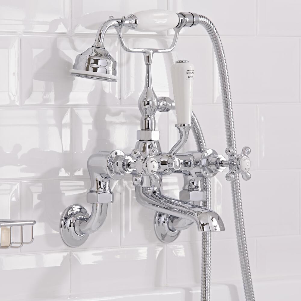 Grifo Mezclador Tradicional Sobre Bañera Completo con Ducha de Mano con Manijas en Cruceta Blancas - Topaz