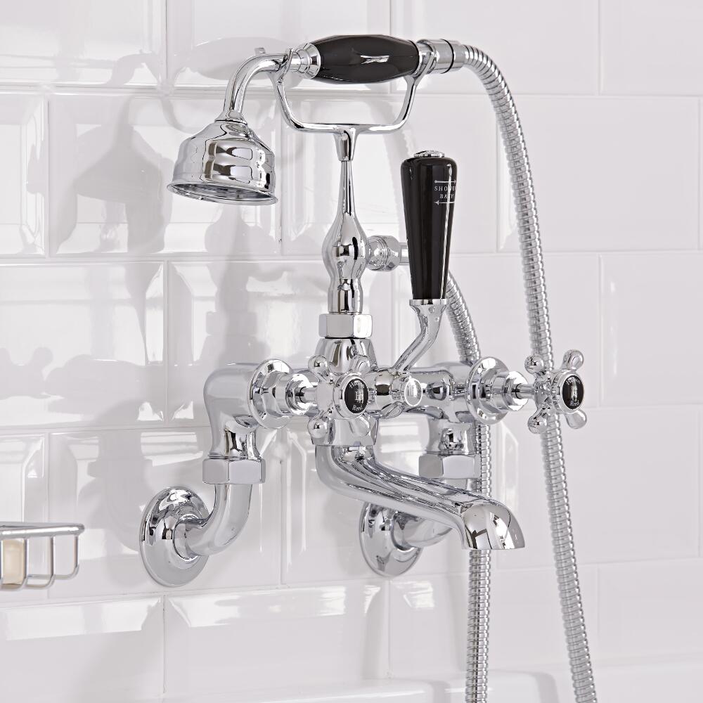 Grifo Mezclador Tradicional Sobre Bañera Completo con Ducha de Mano con Manijas en Cruceta Negras - Topaz
