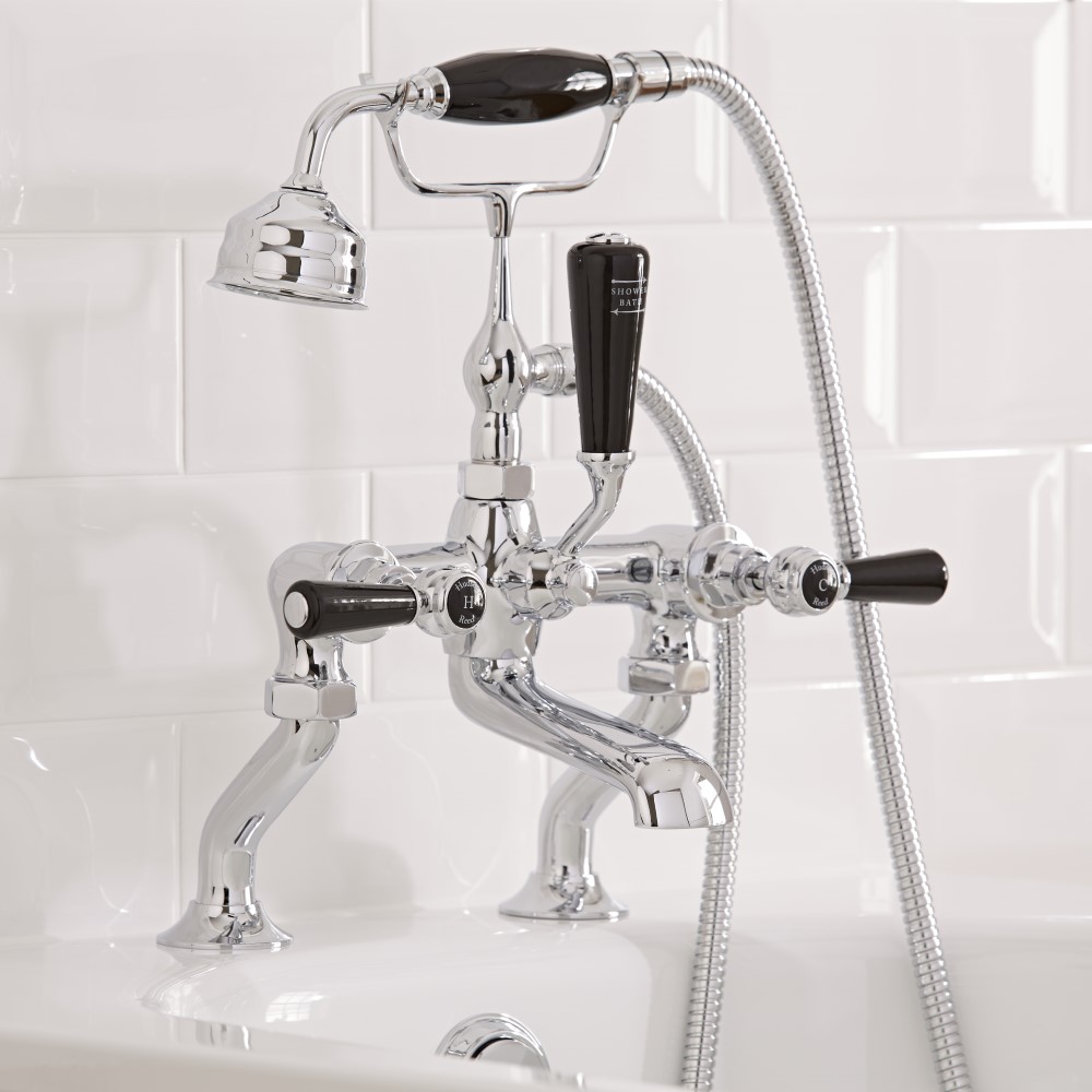 Grifo Mezclador Tradicional Sobre Bañera con Ducha de Mano con Embellecedores de Color Negro - Topaz