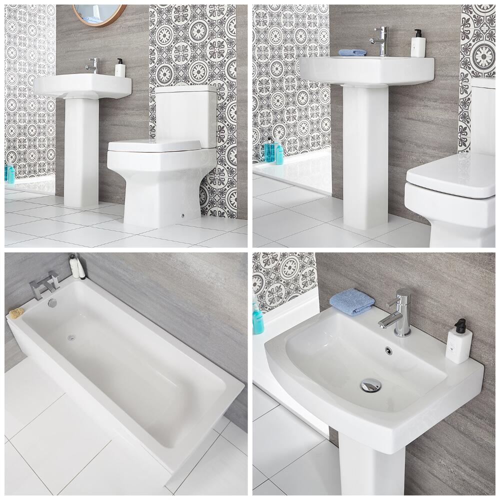Conjunto para Baño Moderno Completo con Bañera Recta Estándar, Inodoro Adosado y Lavabo con Pedestal - Exton