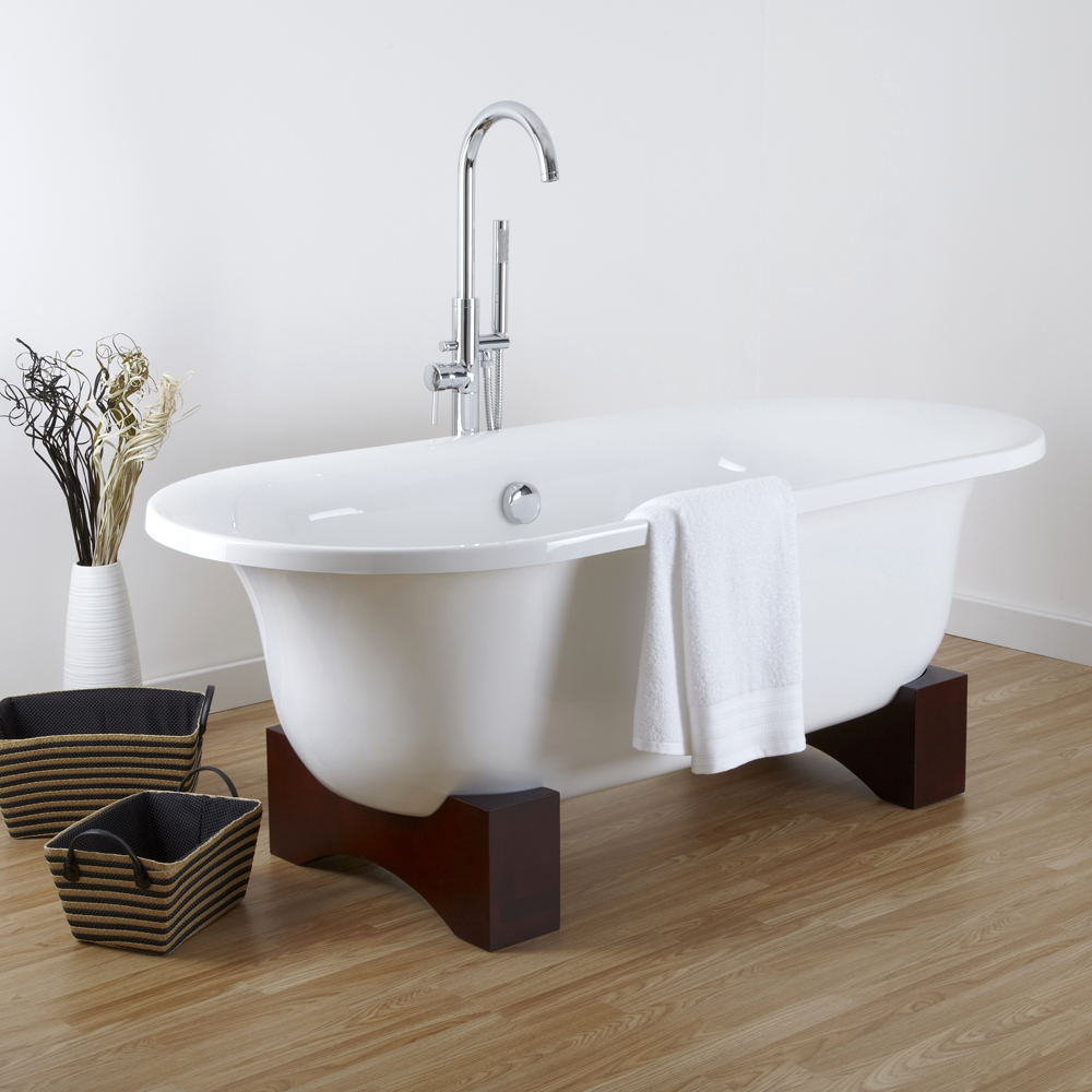 Bañera Acrílica Oval Moderna 1750x790mm Independiente con Soportes en Madera