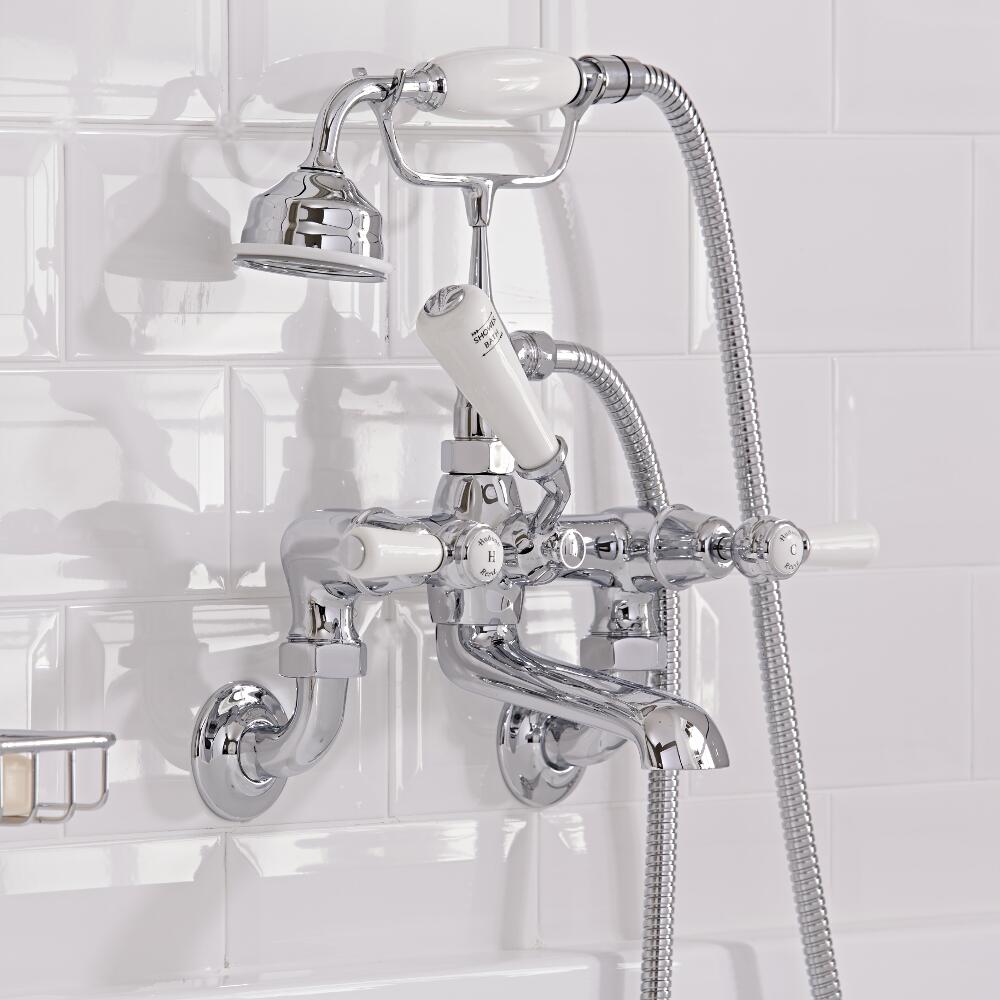 Grifo Mezclador Tradicional Sobre Bañera Completo con Ducha de Mano con Palancas Blancas - Topaz