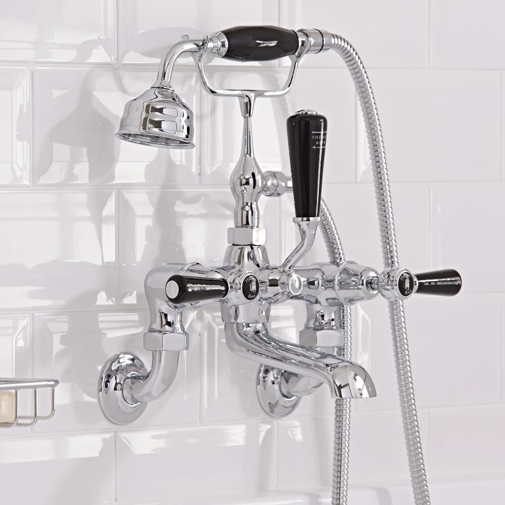 Grifo Mezclador Tradicional Sobre Bañera Completo con Ducha de Mano con Palancas Negras - Topaz
