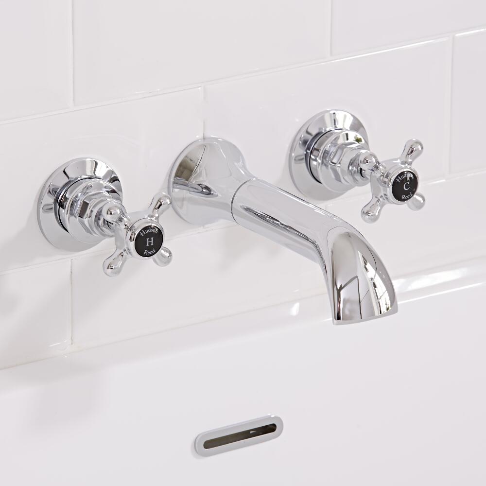 Batería de Lavabo Mural de 3 Agujeros con Manijas de Color Negro - Topaz