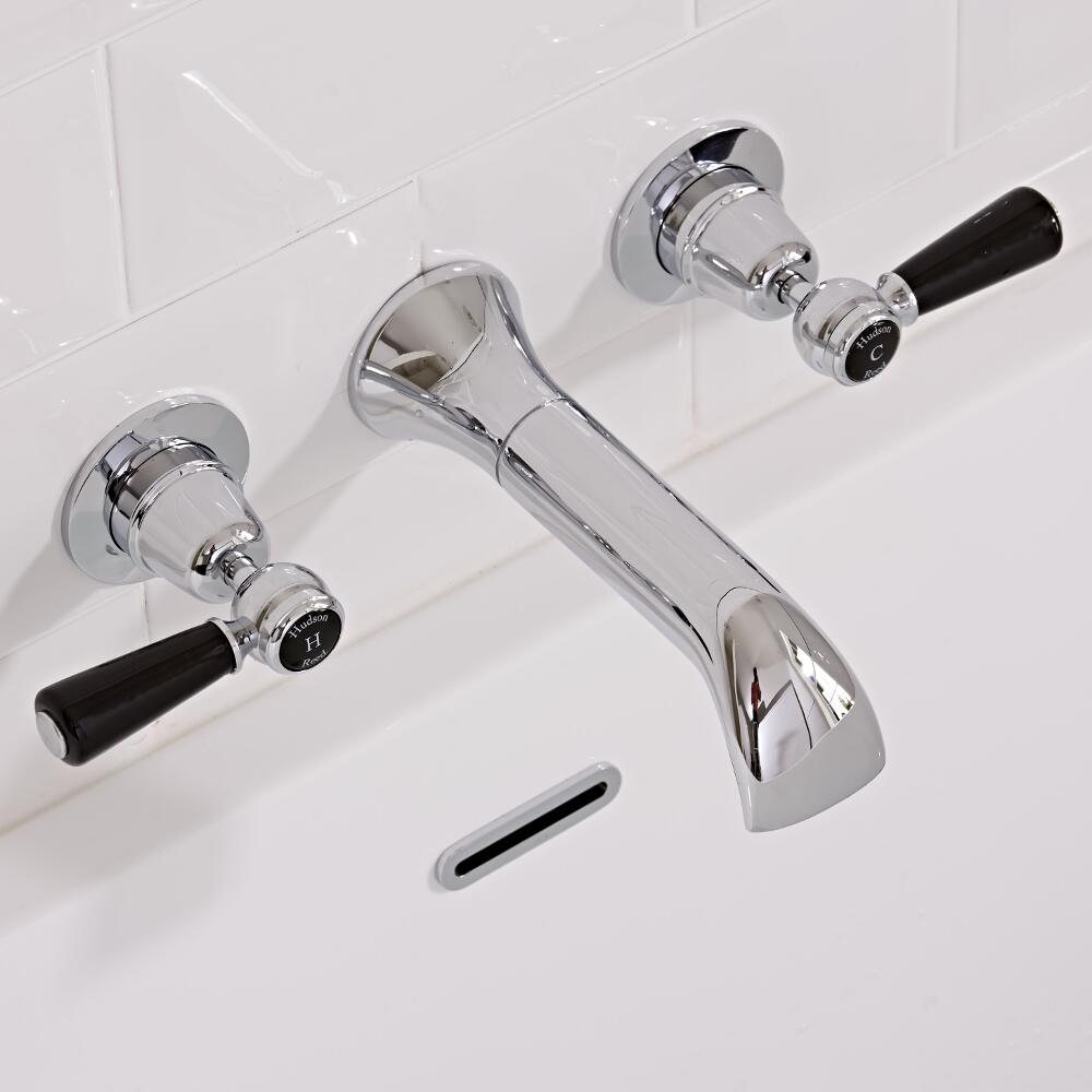 Batería de Lavabo Mural de 3 Agujeros con P[alancas de Color Negro - Topaz