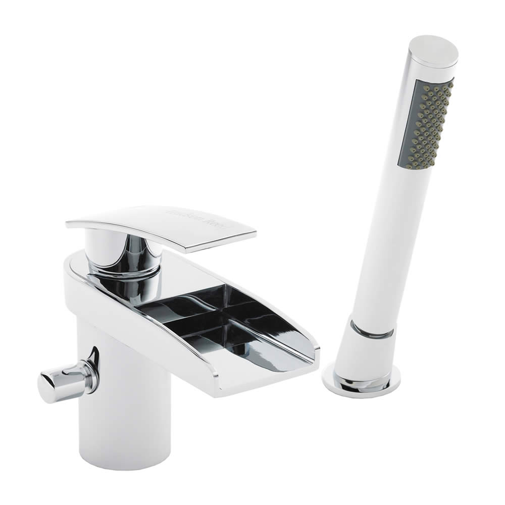 Grifo Mezclador de Lavabo y Bañera con Caño Abierto a Cascada con Ducha de Mano