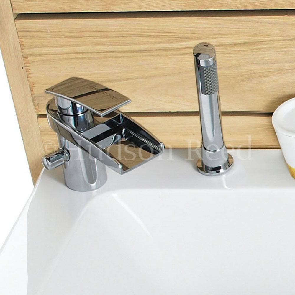 Grifo Mezclador de Lavabo y Bañera con Caño Abierto a Cascada con Ducha de Mano