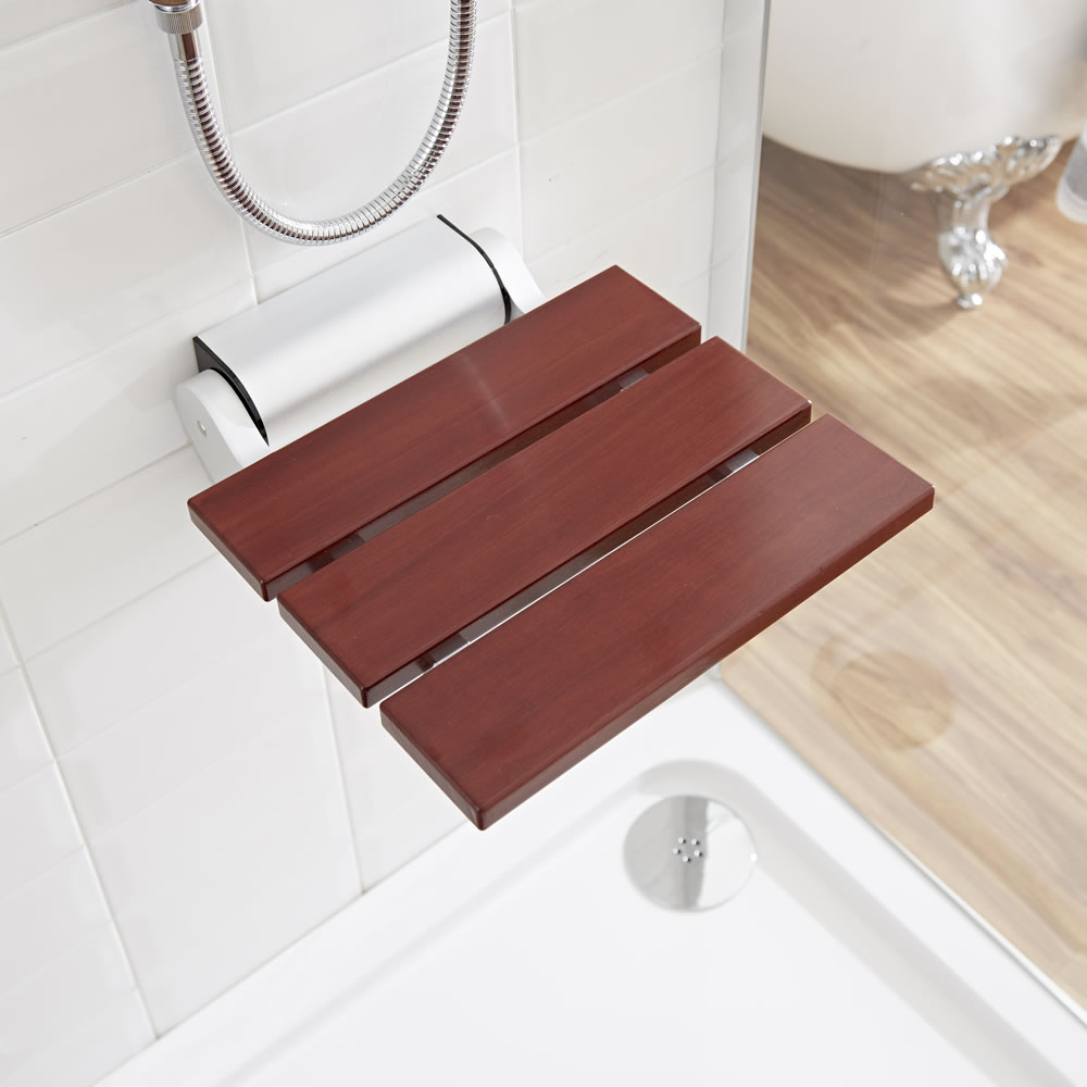 Asiento de Ducha Plegable con acabado en Madera Oscura
