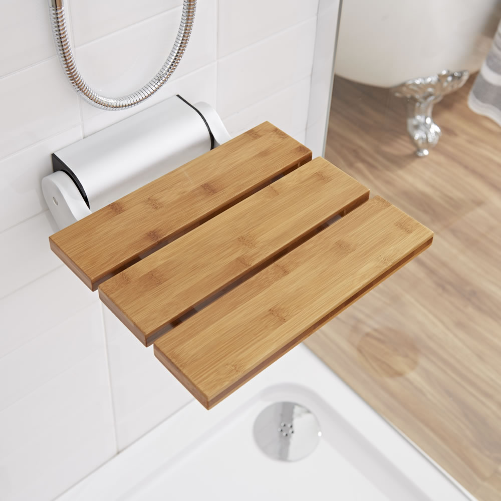 Asiento de Ducha Plegable con Acabado en Estilo Bambú