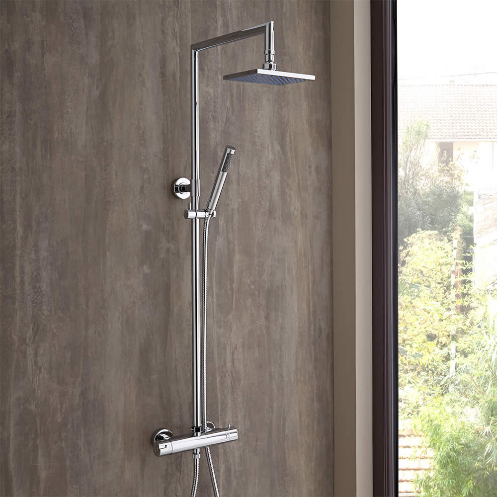 Columna de Ducha Completa con Llave de Ducha Mezcladora Termostática, Alcachofa, Ducha de Mano y Flexo - Tiamo
