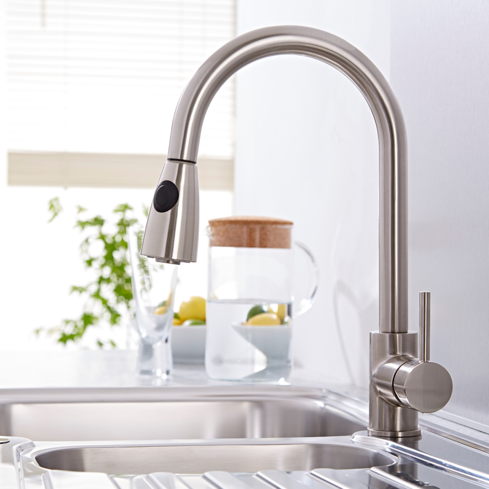 Grifo Mezclador Monomando de Cocina en Acero Cepillado con Manguera Extraíble