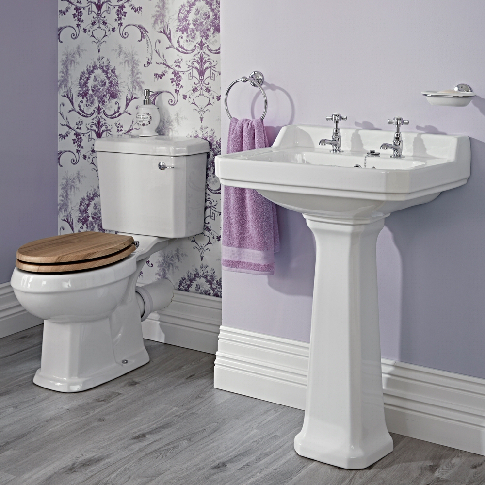 Conjunto de Baño Completo con Inodoro WC con Cisterna y Lavabo Retro de 595mm de 2 Agujeros y Opción de Tapa