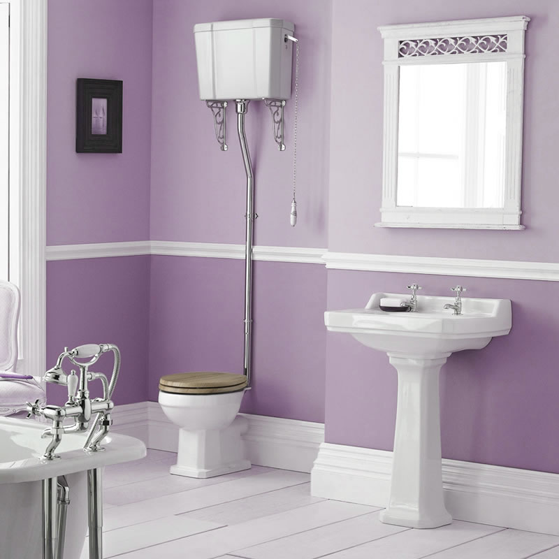 Conjunto de Baño Completo con Inodoro WC, Opción de Distintas Tapas de WC, Cisterna Alta Suspendida y Lavabo de 500mm - Retro