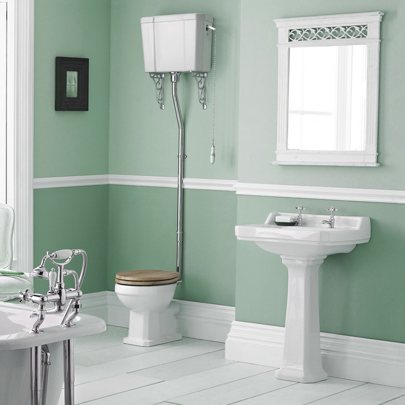 Conjunto de Baño con Inodoro WC con Tapa Cisterna Alta Suspendida y Lavabo de 560mm en Cerámica y Opción de Distintas Tapas de WC- Retro