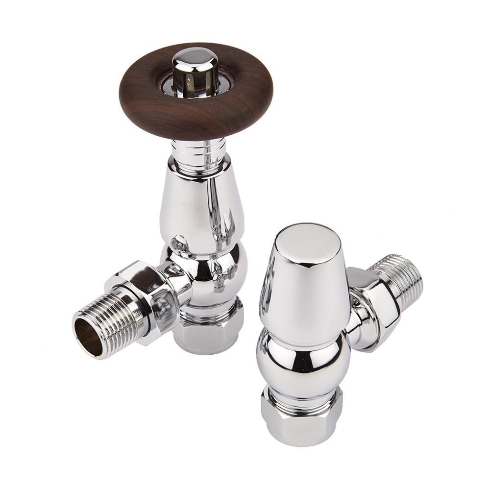 Par de Llaves Tradicionales Angulares Termostáticas con Manija de Madera para Radiador y Radiador Toallero Para Tubos de Cobre de 15mm