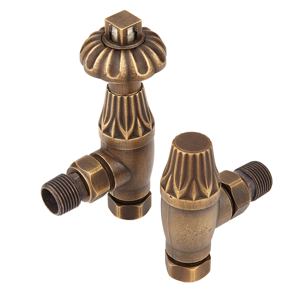 Par de Llaves Tradicionales Angulares Termostáticas en Latón Antiguo para Radiadores y Toalleros para Tubos de Cobre de 15mm
