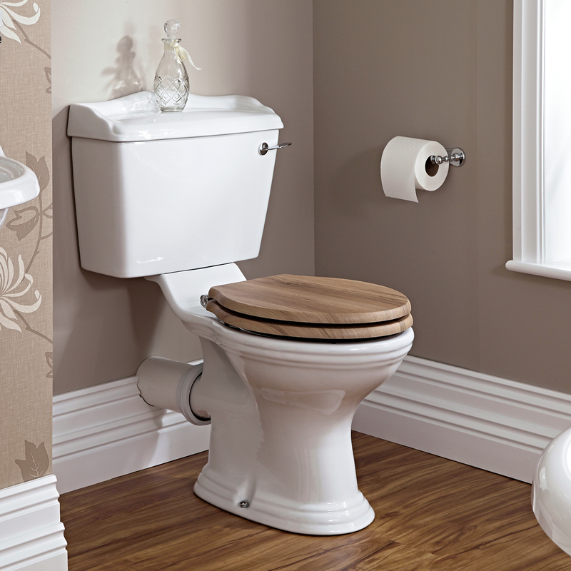 Inodoro WC Tradicional Completo con Cisterna de Salida Horizontal y Tapa de Color Madera