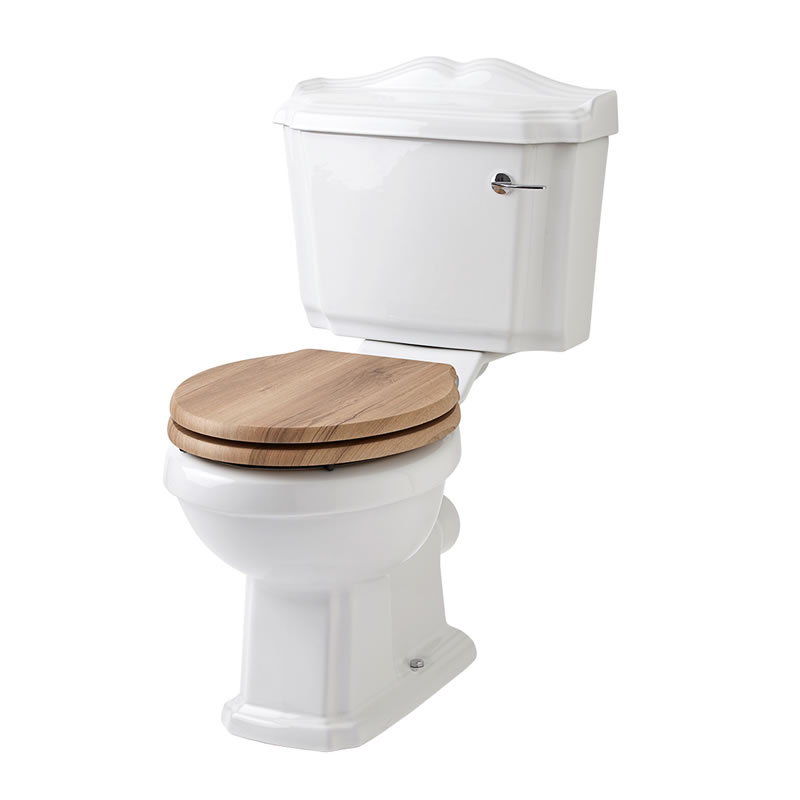 Inodoro WC Tradicional con Cisterna y Tapa de Madera Estilo Retro con Salida Horizontal
