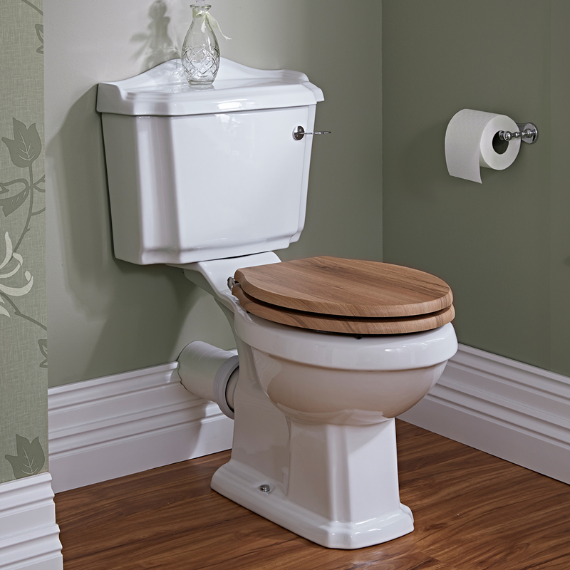 Inodoro WC Tradicional con Cisterna y Tapa de Madera Estilo Retro con Salida Horizontal