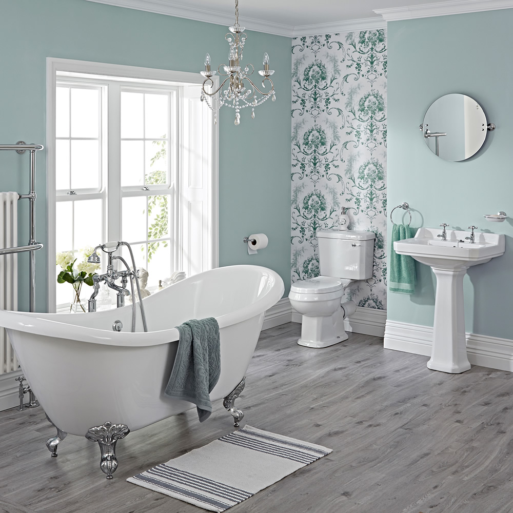 Conjunto de Cuarto de Baño Tradicional Completo con Bañera, Lavabo, WC, Cisterna, Grifería y Tapa del WC - Carlton