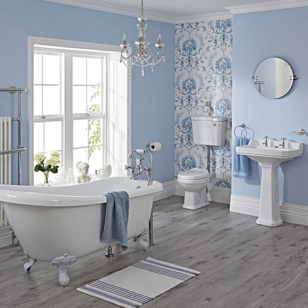 Conjunto de Cuarto de Baño Tradicional Completo con Bañera, Lavabo de 2 Agujeros, Grifería, WC con Cisterna y Tapa para el WC - Carlton