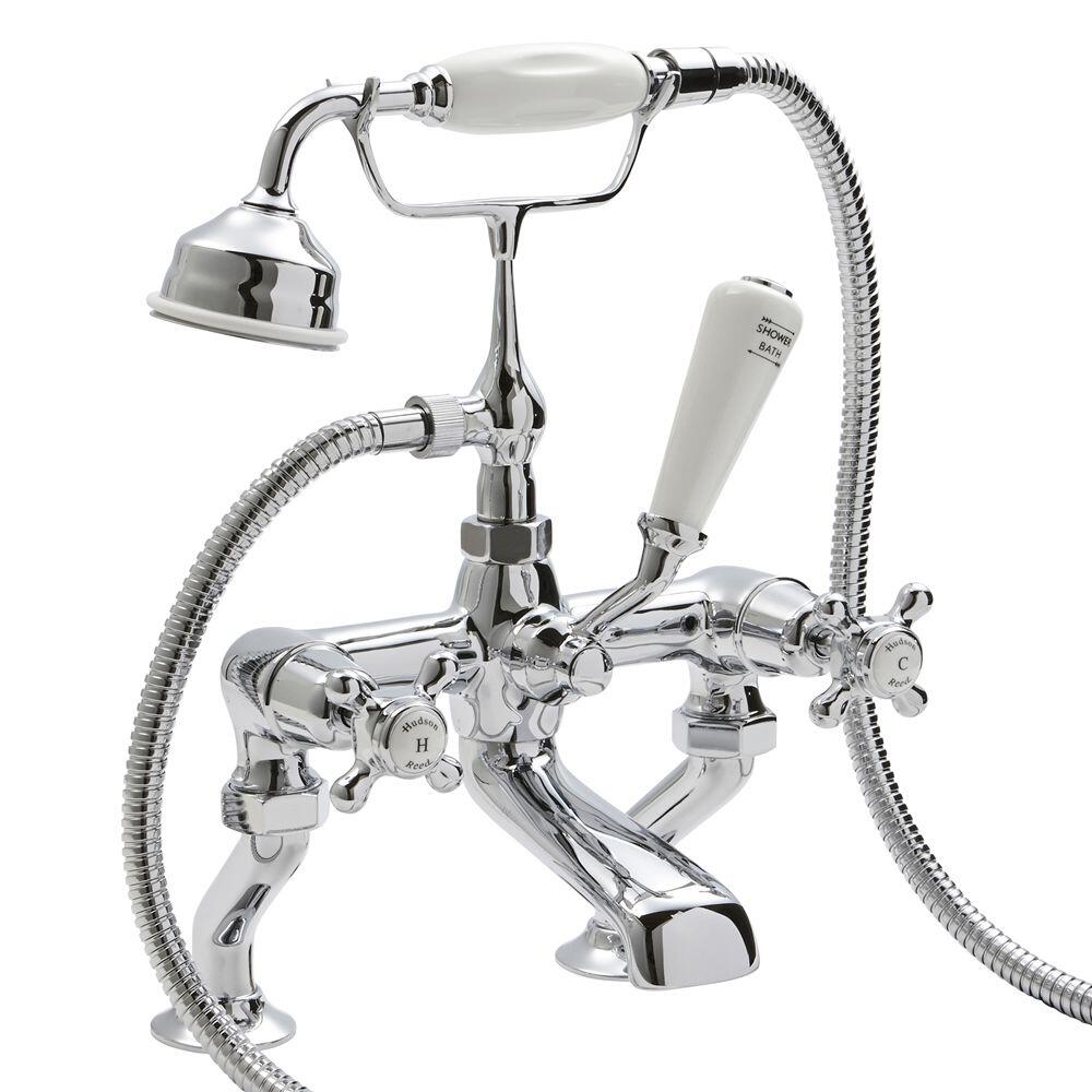 Grifo Mezclador Tradicional Sobre Bañera y Ducha de Mano de Latón Cromado con Embellecedores de Color Blanco - Topaz