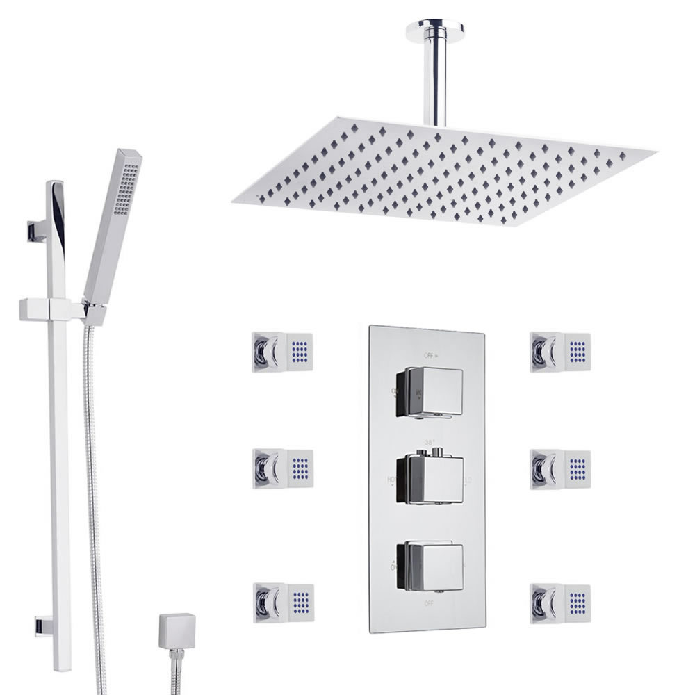 Sistema de Ducha con Llave Mezcladora Termostática, Alcachofa Extraplana, Telefonillo y Jets de Ducha
