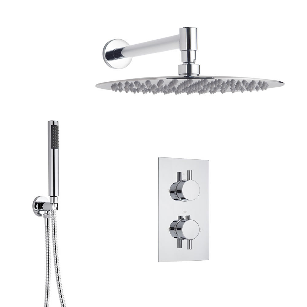 Conjunto de ducha Termostática, Alcachofa, Ducha de Mano, Soporte, Brazo y Codo