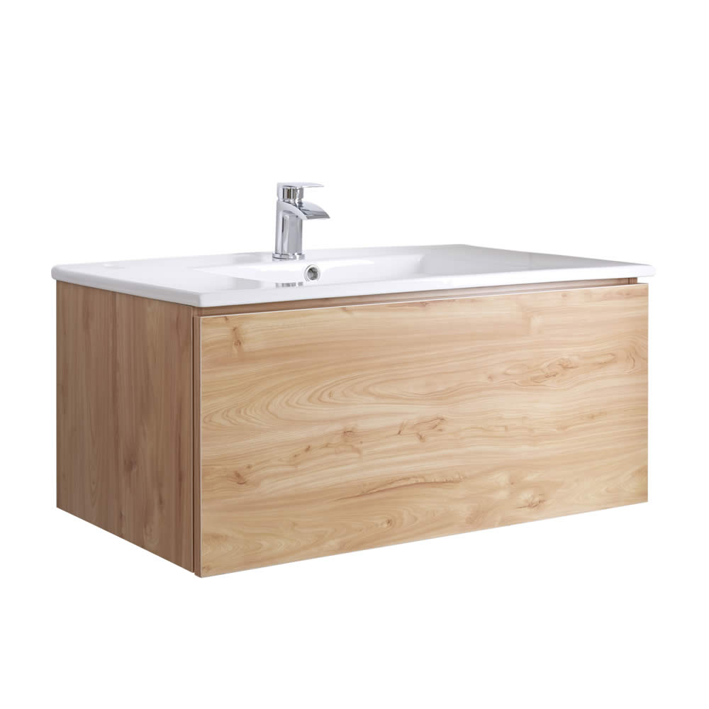 Mueble de Lavabo Mural Moderno de 800mm Color Roble Dorado con Lavabo Integrado para Baño - Newington