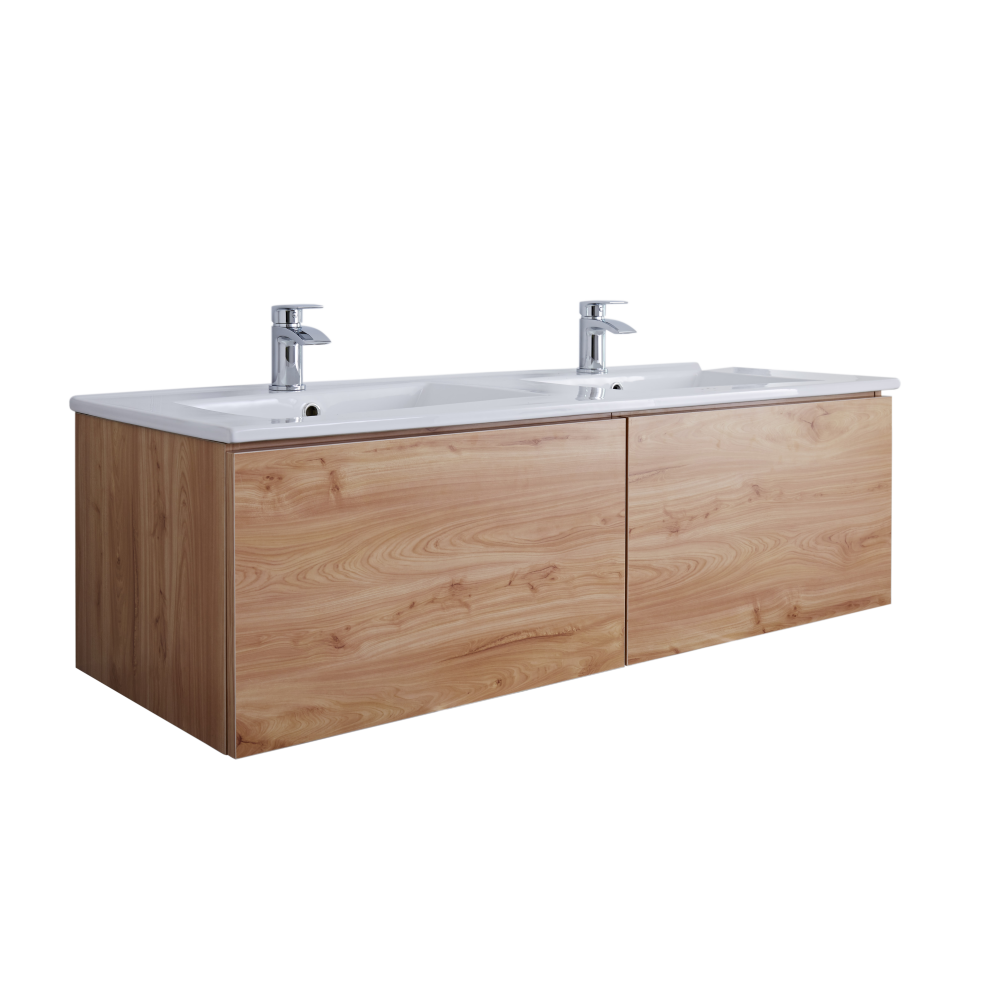 Mueble de Lavabo Mural Moderno de 1200mm Color Roble Dorado con Lavabo Doble Integrado para Baño - Newington