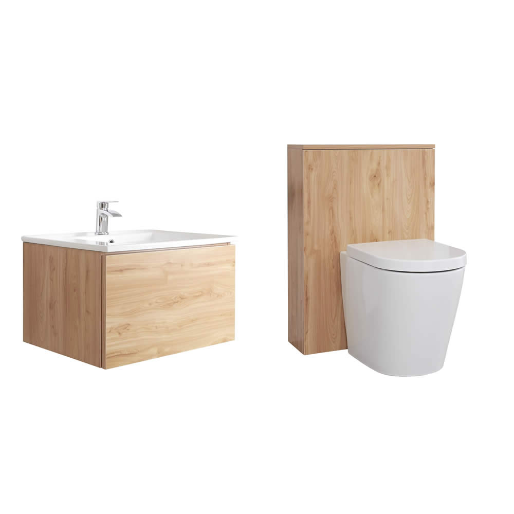 Mueble de Baño de 600mm Color Roble Dorado Completo con Cisterna, Inodoro y Lavabo Disponible con Opción LED - Newington
