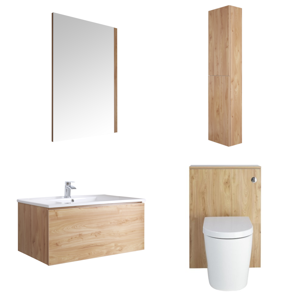 Mueble de Baño de 800mm Color Roble Dorado Completo con Cisterna, Inodoro con Lavabo, Armario de Pared y Espejo Disponible con Opción LED - Newington