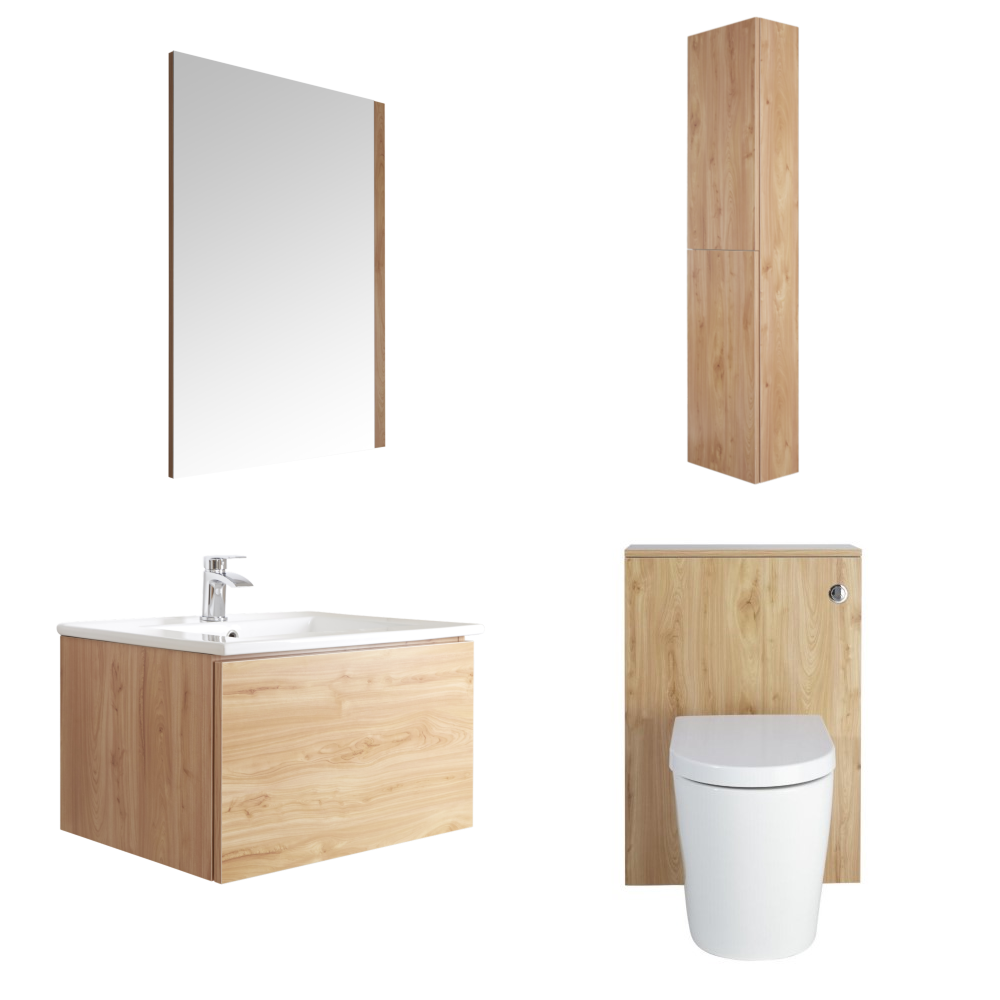 Mueble de Baño de 600mm Color Roble Dorado Completo con Cisterna, Inodoro con Lavabo, Armario de Pared y Espejo Disponible con Opción LED - Newington
- Golden Oak