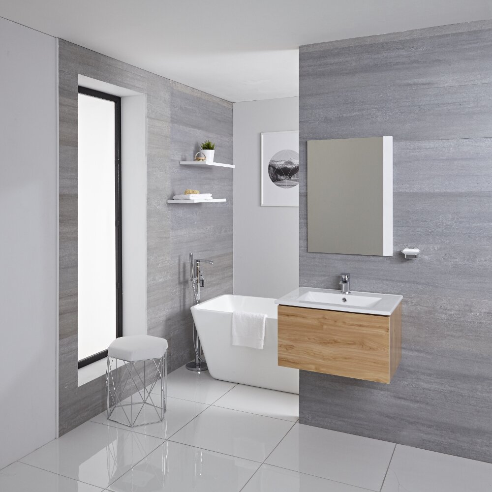 Mueble de Lavabo Mural Moderno de 600mm Color Roble Dorado con Lavabo Integrado para Baño Disponible con Opción LED - Newington