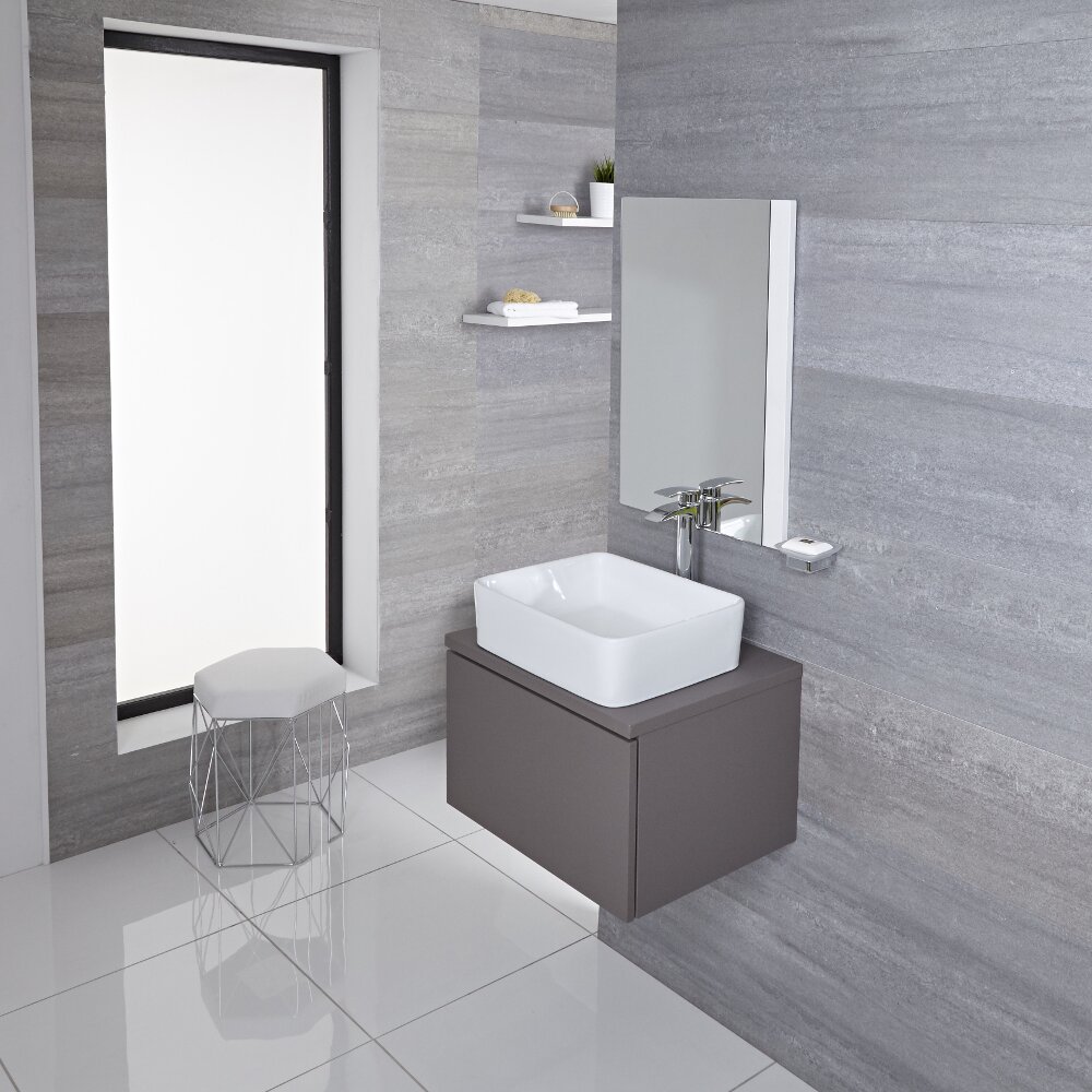 Mueble de Lavabo Moderno de 600mm de Color Gris Opaco con Lavabo de Sobre Encimera para Baño Disponible con Opción LED - Newington
