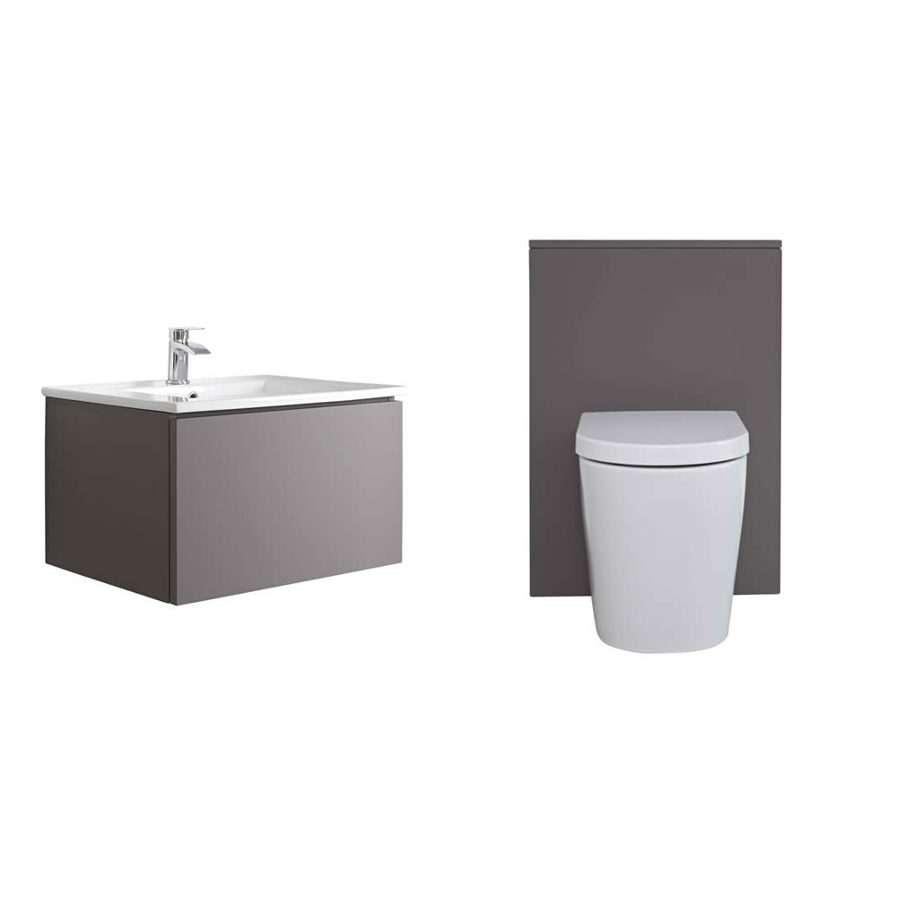Mueble de Baño de 600mm Color Gris Opaco Completo con Cisterna, Inodoro y Lavabo - Newington
