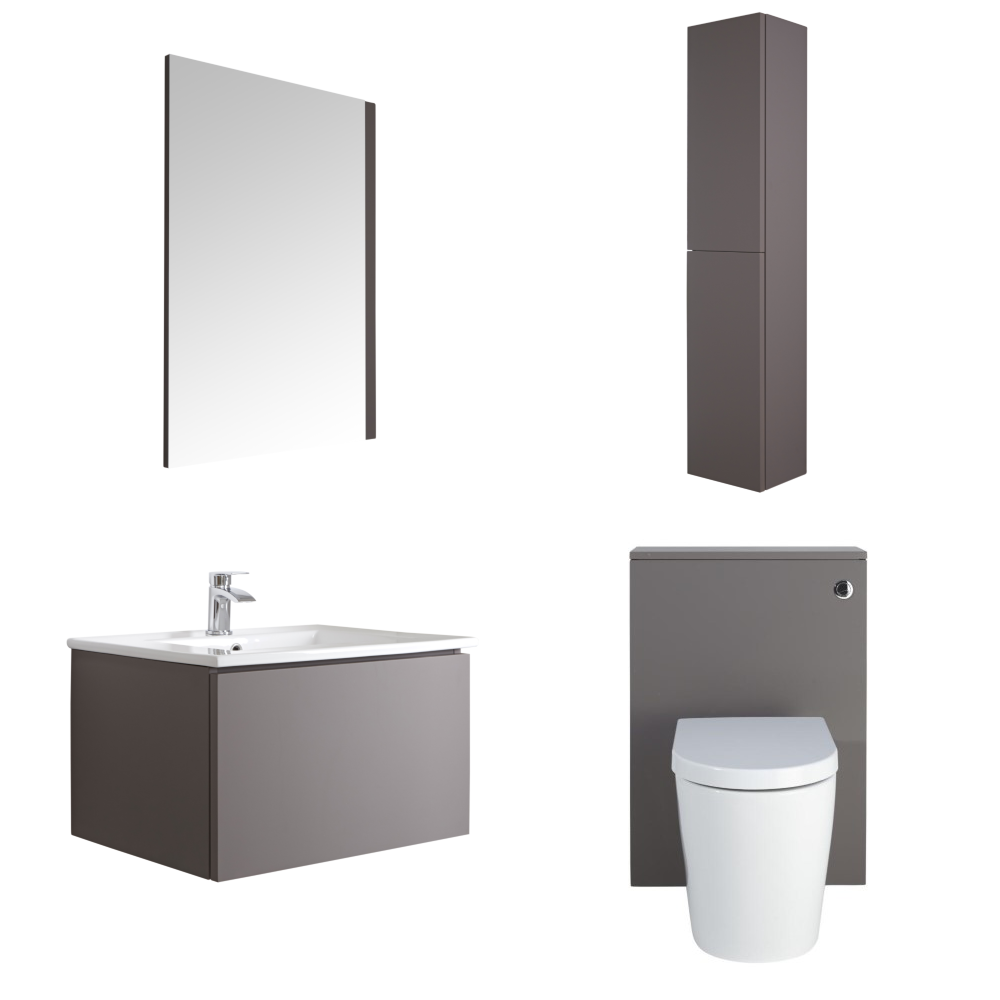 Mueble de Baño de 600mm Color Gris Opaco Completo con Cisterna, Inodoro con Lavabo, Armario de Pared y Espejo Disponible con Opción LED - Newington
