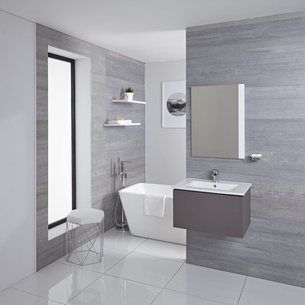 Mueble de Lavabo Mural Moderno de 600mm Color Gris Opaco con Lavabo Integrado para Baño Disponible con Opción LED - Newington