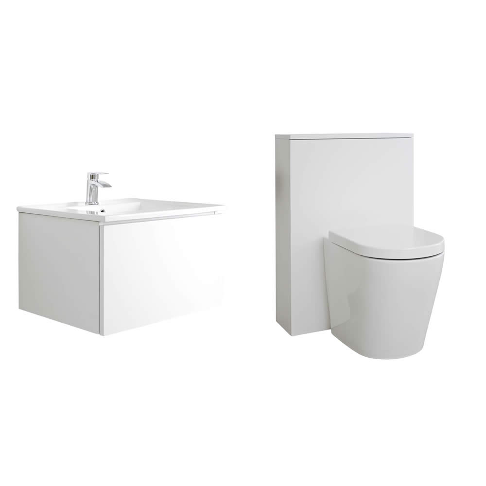 Mueble de Baño de 600mm Color Blanco Opaco Completo con Cisterna, Inodoro y Lavabo - Newington