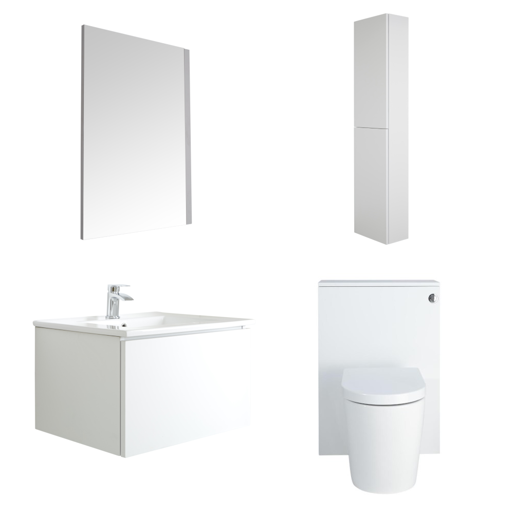 Mueble de Baño de 600mm Color Blanco Opaco Completo con Cisterna, Inodoro con Lavabo, Armario de Pared y Espejo Disponible con Opción LED - Newington