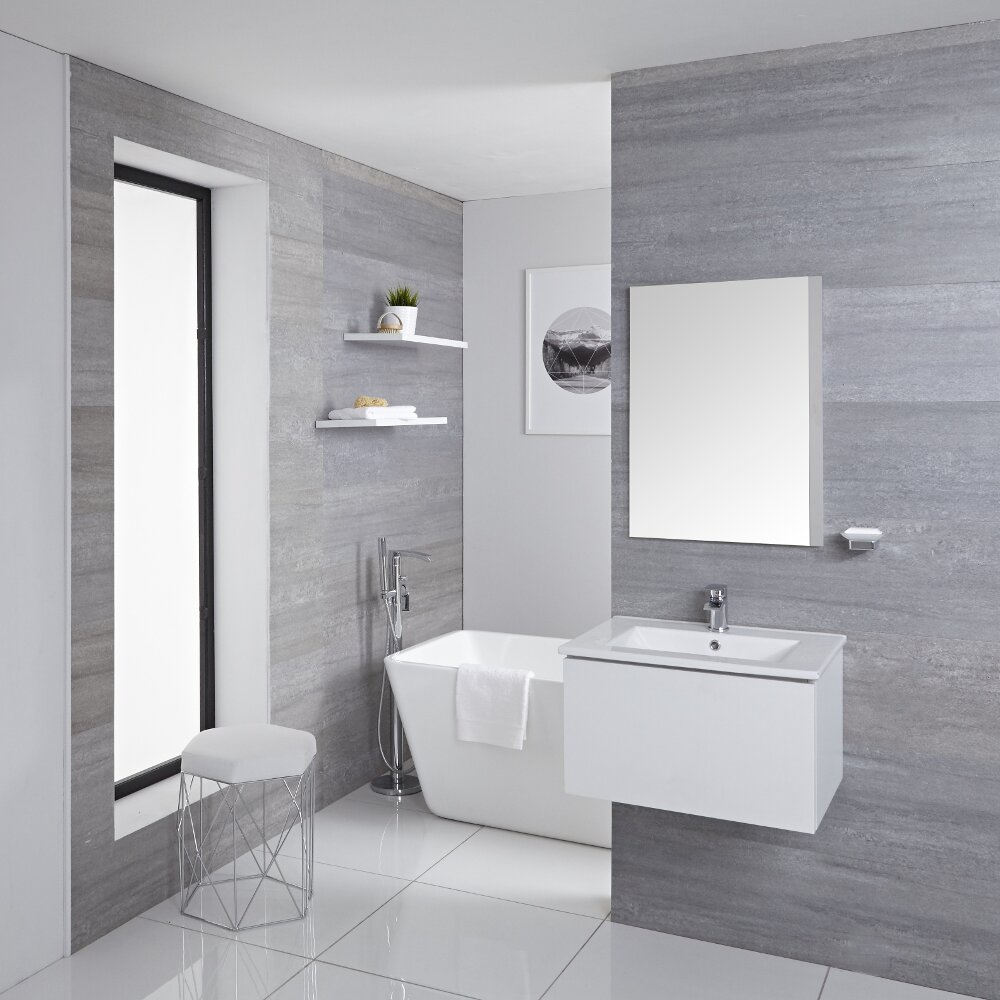 Mueble de Lavabo Mural Moderno de 600mm Color Blanco Opaco con Lavabo Integrado para Baño Disponible con Opción LED - Newington