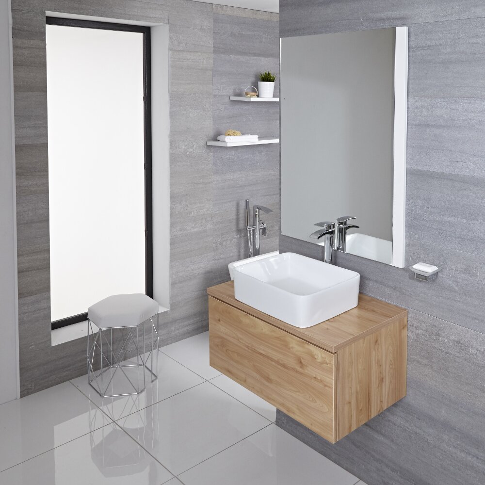 Mueble de Lavabo Mural de 800mm de Color Roble Dorado con Lavabo de Sobre Encimera Cuadrado para Baño Disponible con Opción LED - Newington