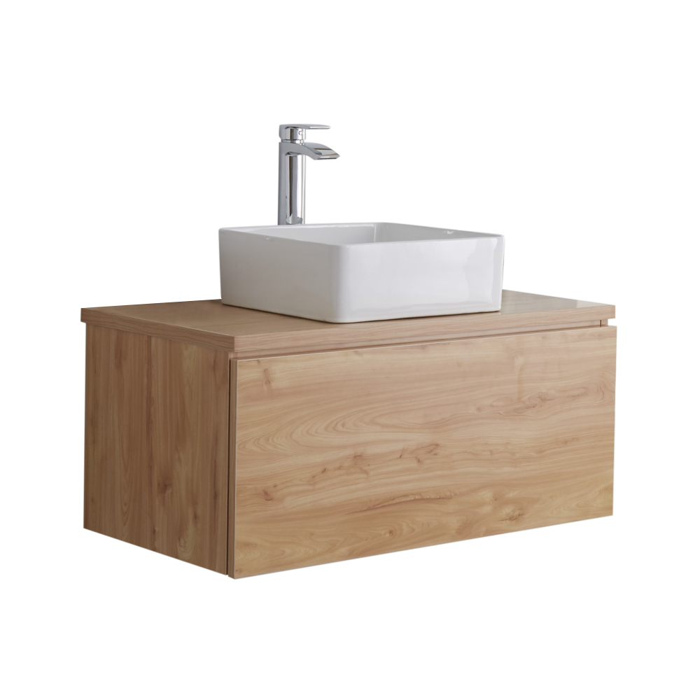Mueble de Lavabo Mural de 800mm de Color Roble Dorado con Lavabo de Sobre Encimera Cuadrado para Baño - Newington
