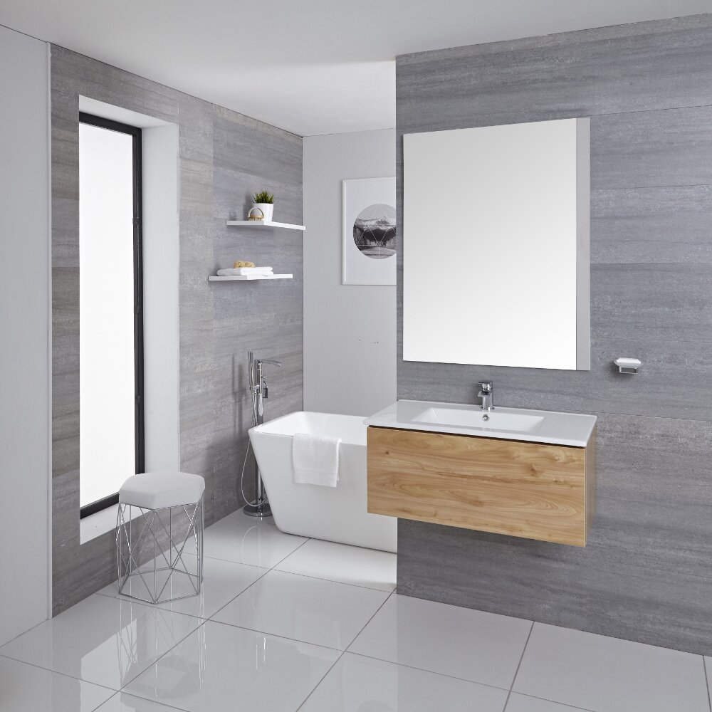 Mueble de Lavabo Mural Moderno de 800mm Color Roble Dorado con Lavabo Integrado para Baño Disponible con Opción LED - Newington