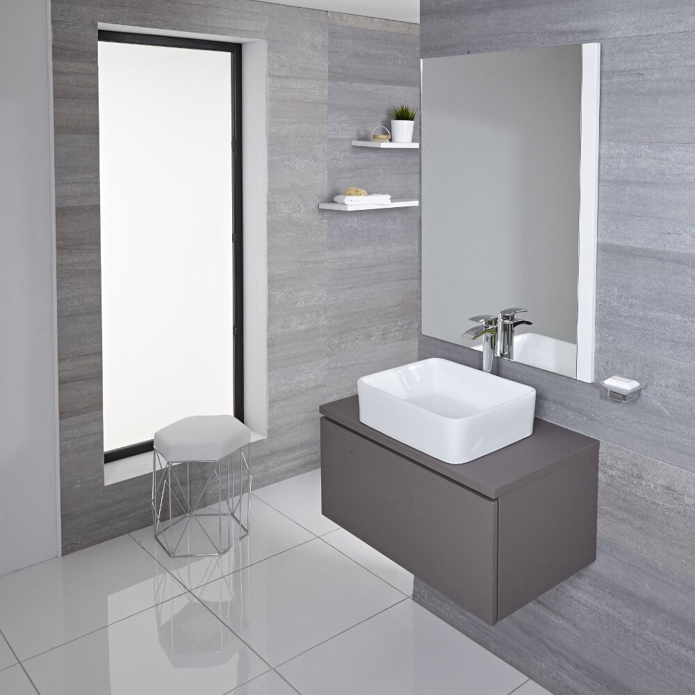 Mueble de Lavabo Mural de 800mm de Color Gris Opaco con Lavabo de Sobre Encimera Cuadrado para Baño Disponible con Opción LED - Newington