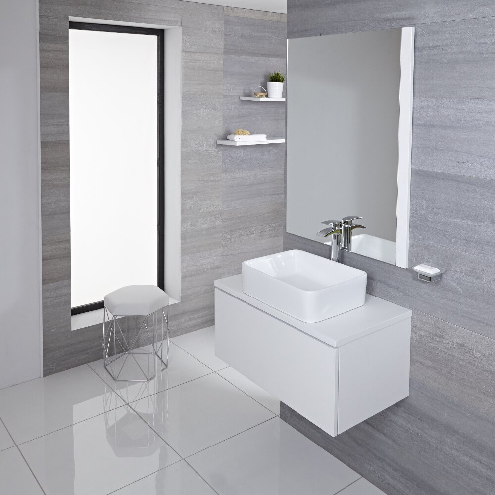 Mueble de Lavabo Mural de 800mm de Color Blanco Opaco con Lavabo de Sobre Encimera Cuadrado para Baño Disponible con Opción LED - Newington