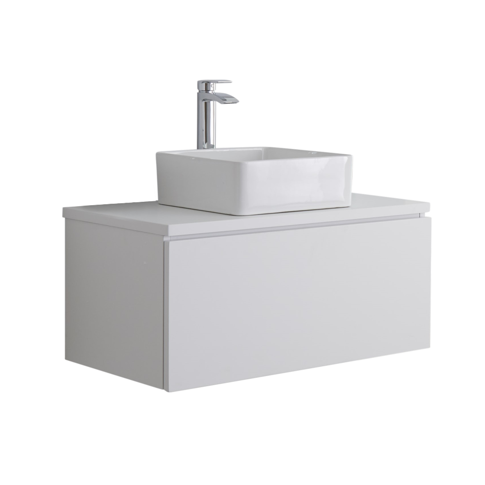 Mueble de Lavabo Mural de 800mm de Color Blanco Opaco con Lavabo de Sobre Encimera Cuadrado para Baño - Newington